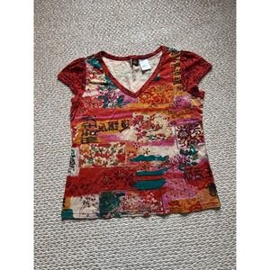 Bila Womens Patchwork Floral Sequin V-Neck Short Sleeve Cotton Top Red Large Y2K